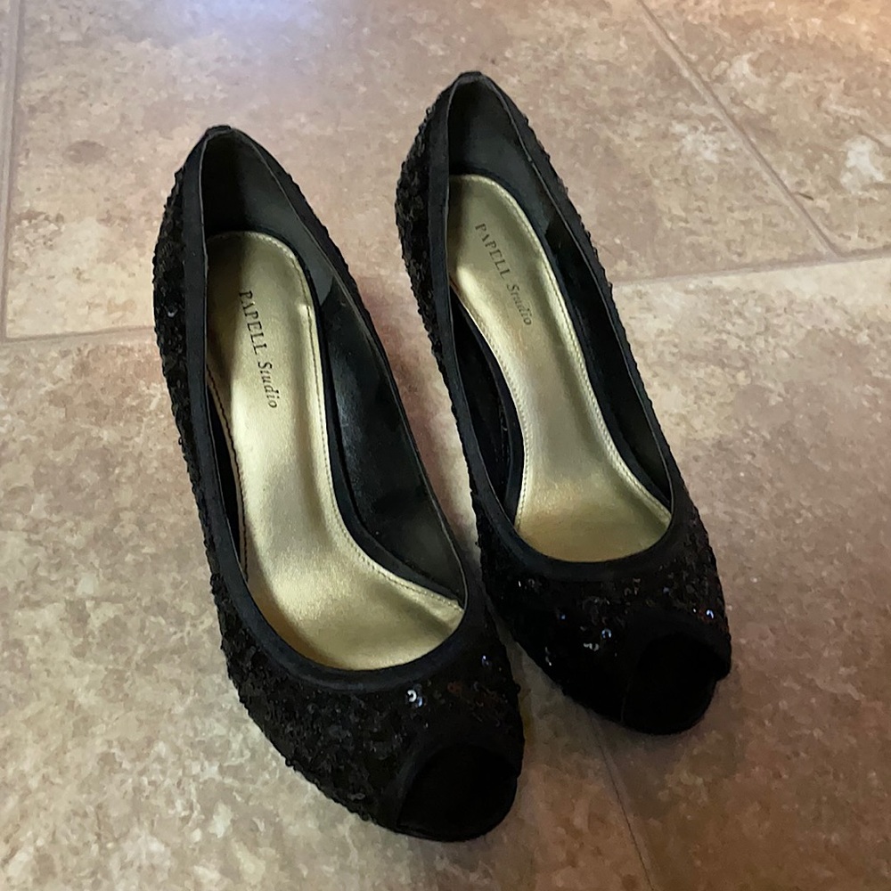 Papell Studio Black Peek-a-boo Sequin Heels
